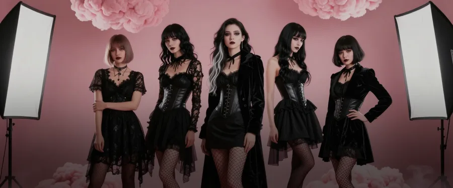 Group of goth AI girlfriends in dark dresses