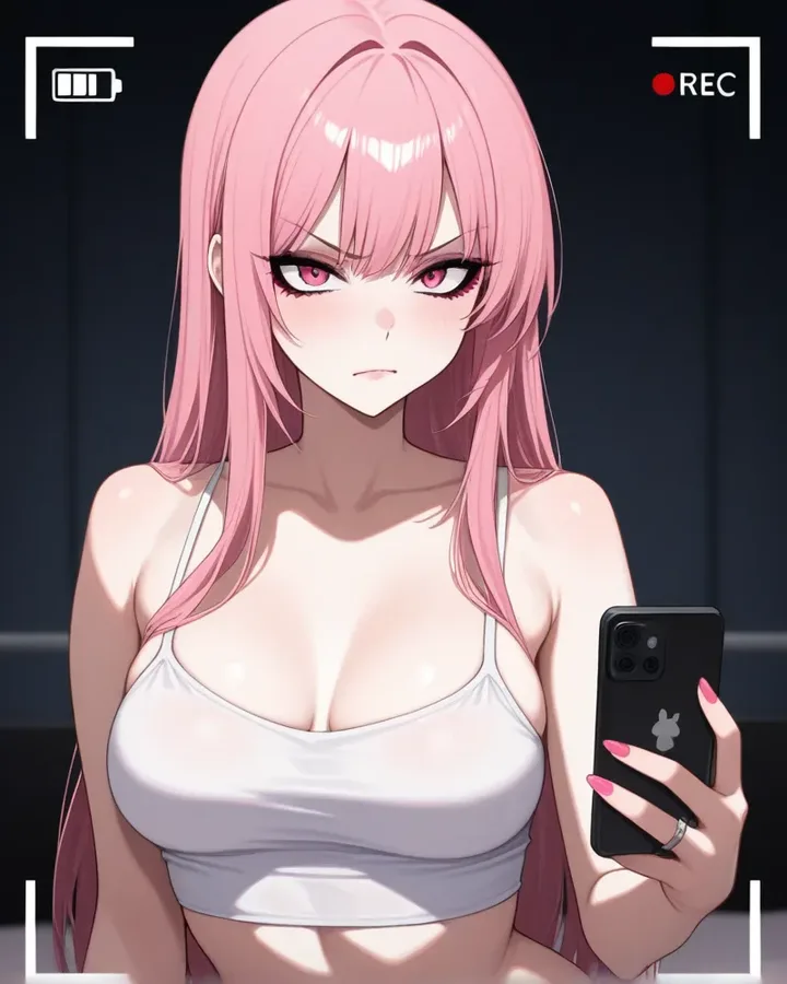 Anime AI yandere girlfriend with pink hair filming on her phone